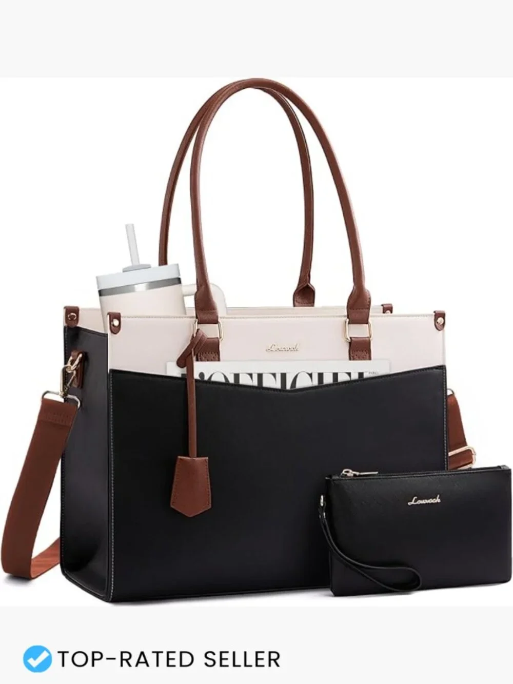 2-in-1 Laptop Tote Bag with Removable Clutch & Cup Holder, Waterproof Work